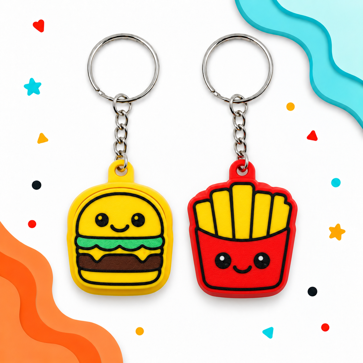 Burger and french fries 3D-printed clicker keychains displayed together