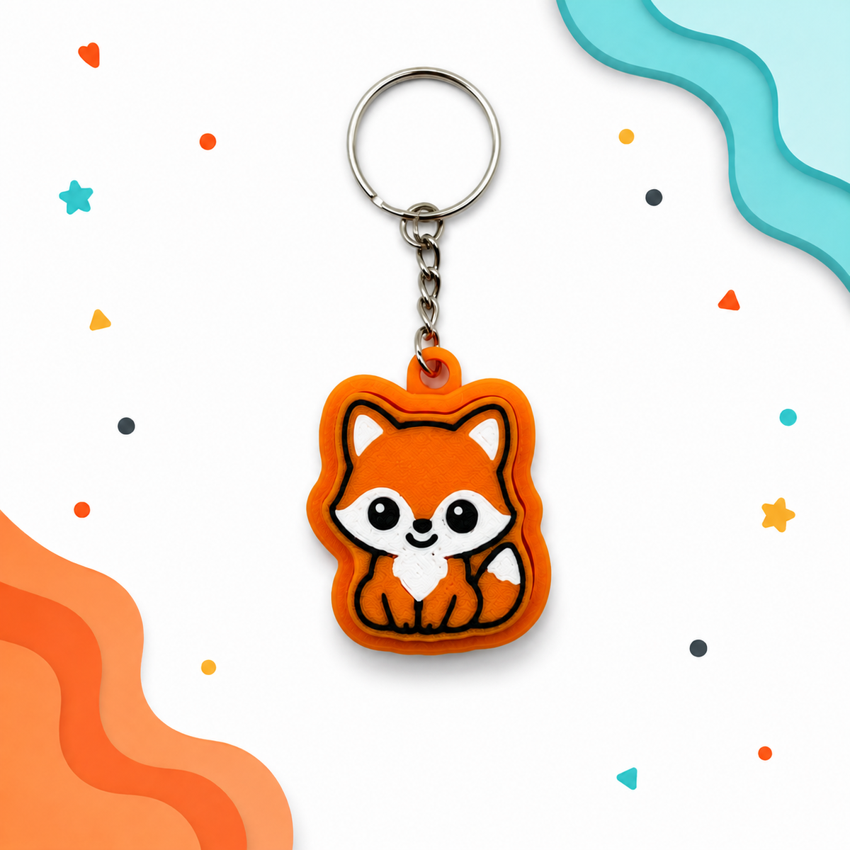 Orange fox fidget clicker keychain with colorful wavy background accents