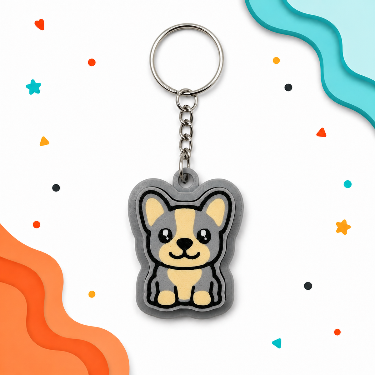 Gray and cream French Bulldog fidget clicker keychain displayed on a white background with layered aqua and orange corner shapes and colorful decorative accents.