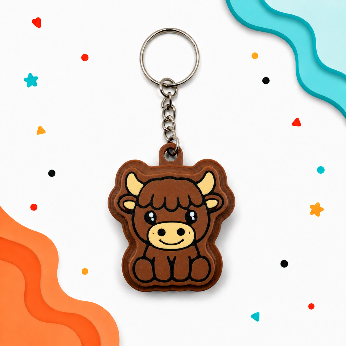 Brown Highland cow fidget clicker keychain displayed on a white background with layered aqua and orange corner shapes and colorful decorative accents.