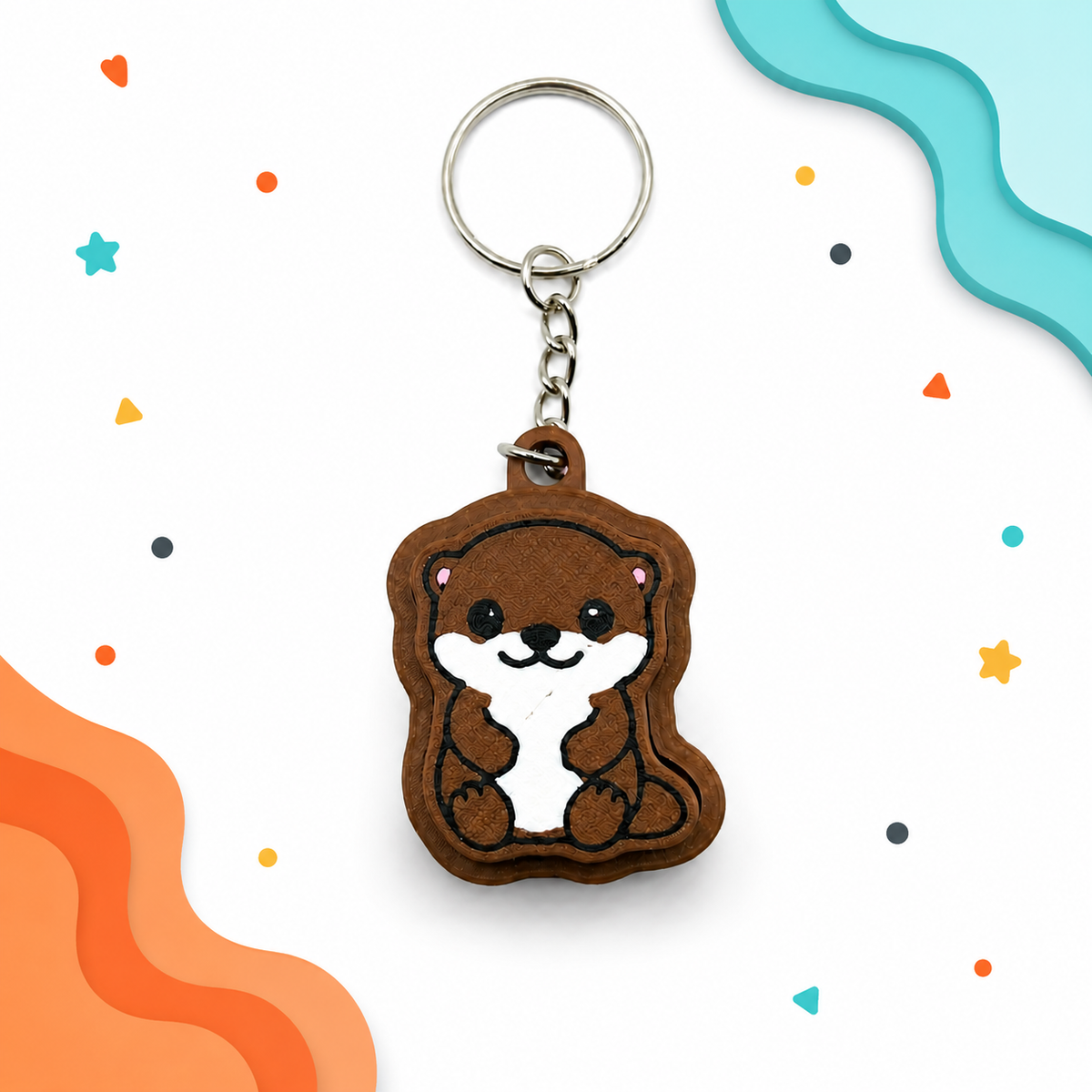 Brown otter fidget clicker keychain with colorful wavy background accents