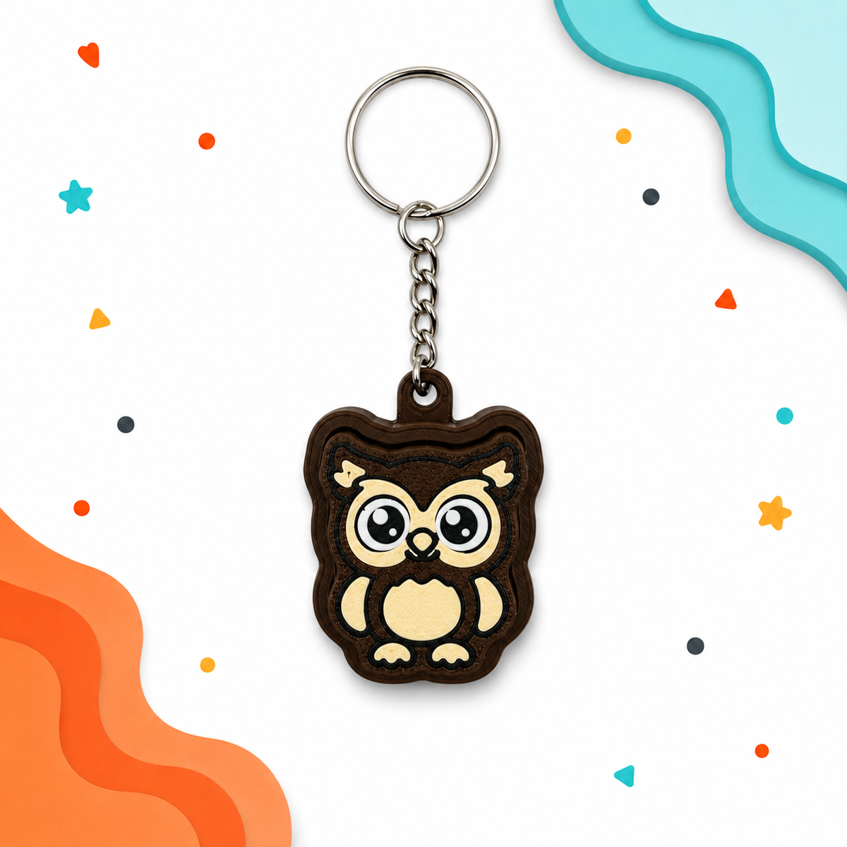 A cute owl-shaped keychain with a dark brown body, cream-colored eyes and belly, and a silver metal key ring, set against a white background with colorful shapes.