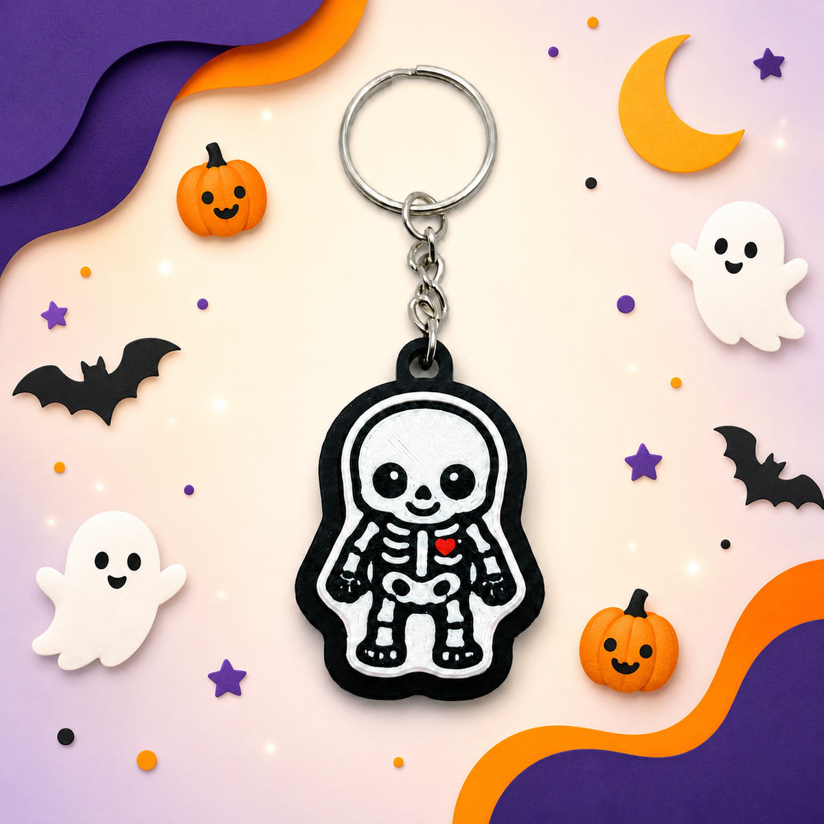 Skeleton fidget clicker keychain with a red heart on a Halloween background with ghosts, bats, pumpkins and a crescent moon.