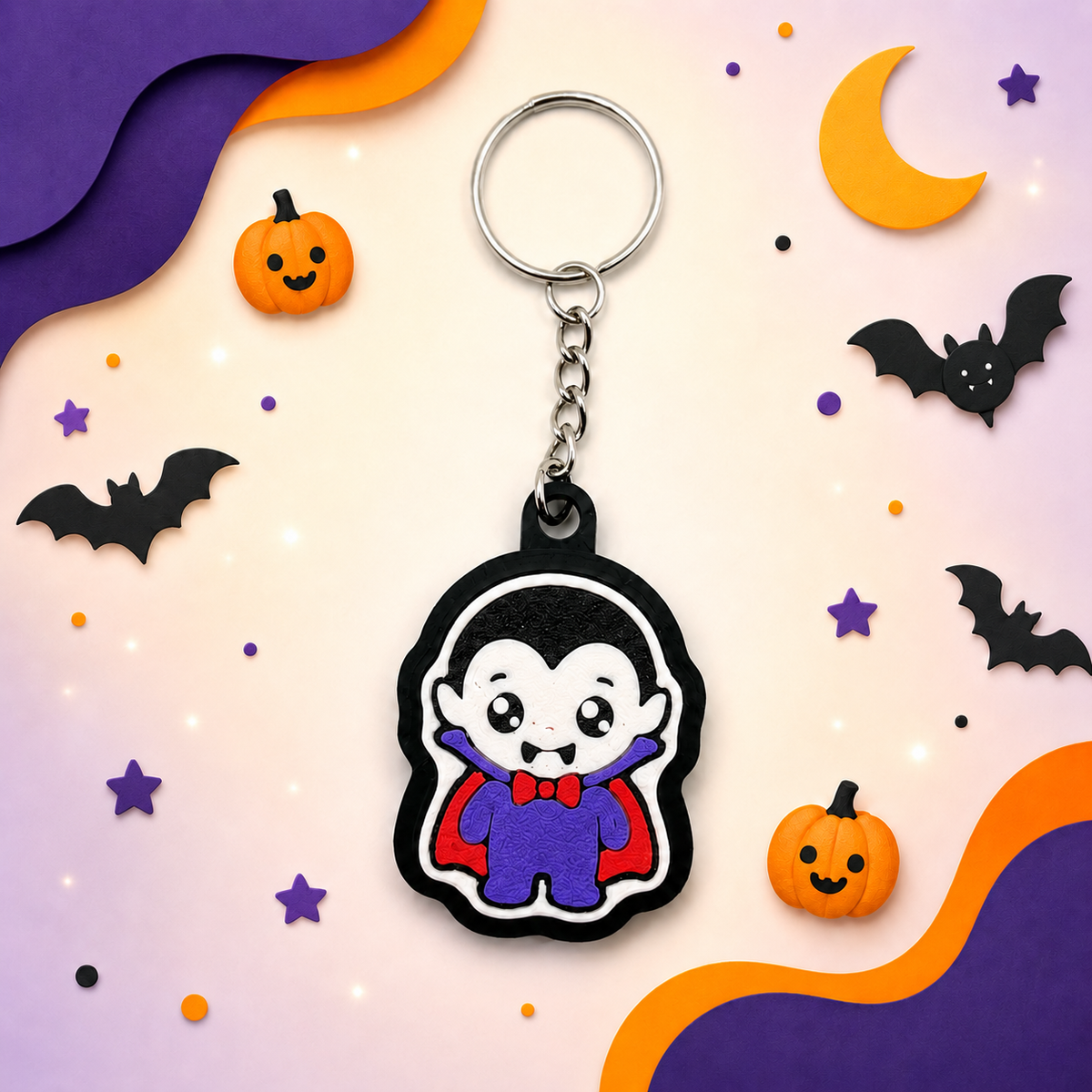Cute vampire fidget clicker keychain displayed on a Halloween background with pumpkins, bats, stars and a crescent moon.