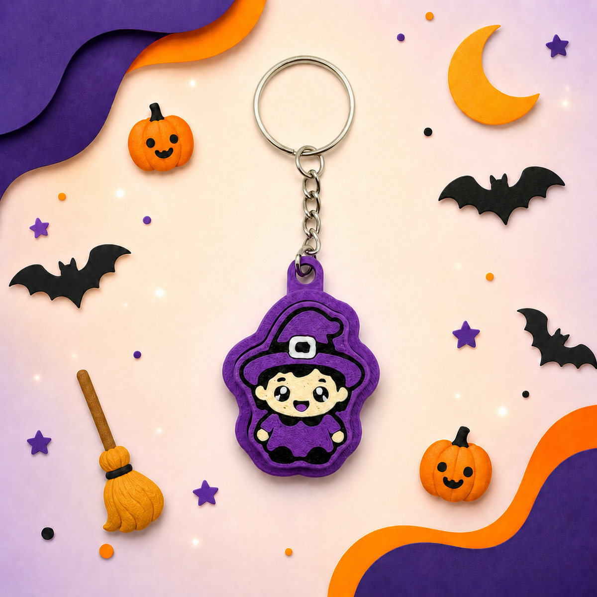Purple witch fidget clicker keychain displayed with Halloween pumpkins, bats, stars, a crescent moon and broom.