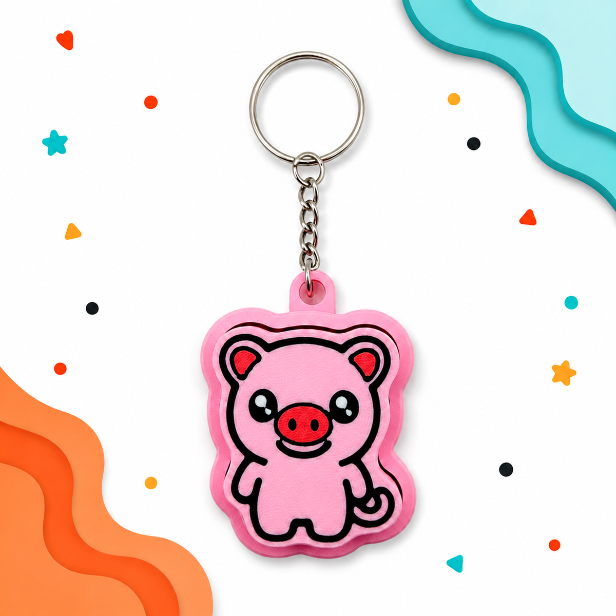 Pink pig clicker keychain displayed on a white background with layered aqua and orange corner shapes and colorful playful accents.