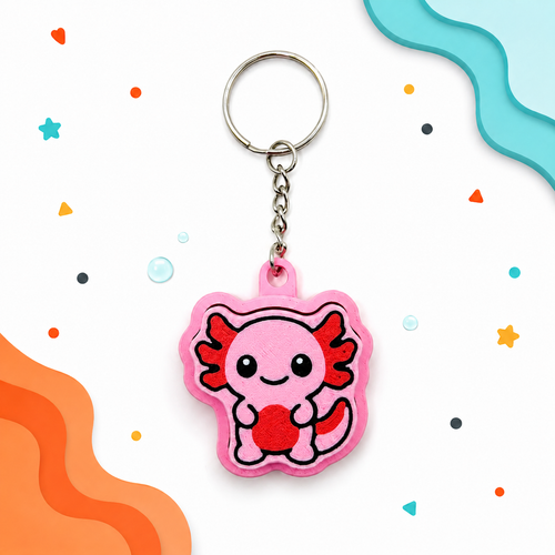 Pink and red axolotl fidget clicker keychain on a white background with colorful wavy shapes.