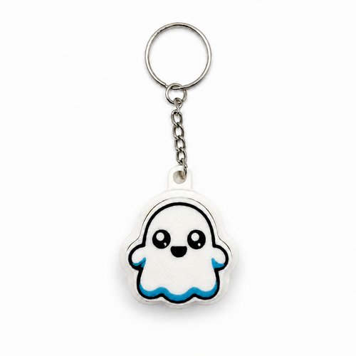 White ghost fidget clicker keychain with blue accents, front view on a white background