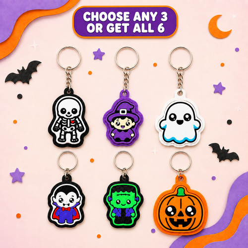 Six Halloween fidget clicker keychains featuring a skeleton, witch, ghost, vampire, green monster and jack-o’-lantern with the text Choose Any 3 or Get All 6.