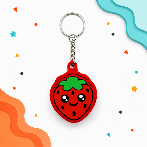 Red strawberry clicker keychain displayed on a white background with layered aqua and orange corner shapes and colorful playful accents.